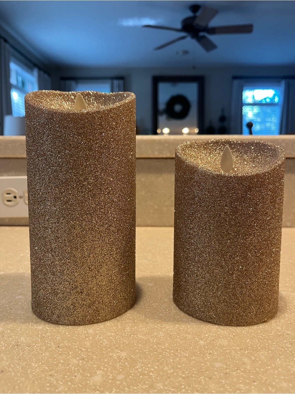 NWOB Luminara 5” & 7” Glitter LED Pillar Candle Set - Gold 3.5” diameter.